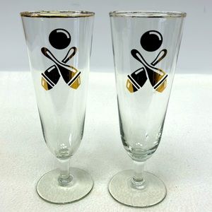 Vintage set of two Pilsner glasses with bowling design and gold accents